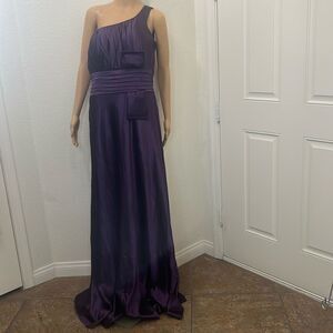 Cinderella Design Womans Dress Purple One Shoulder Bow Pleated Side Zip Maxi